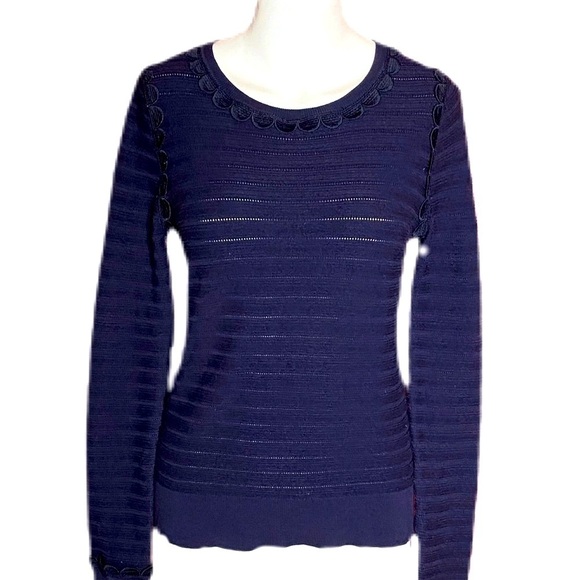 Ann Taylor Navy Silk Blend Sweater Scallop Detail Size S - Picture 2 of 8
